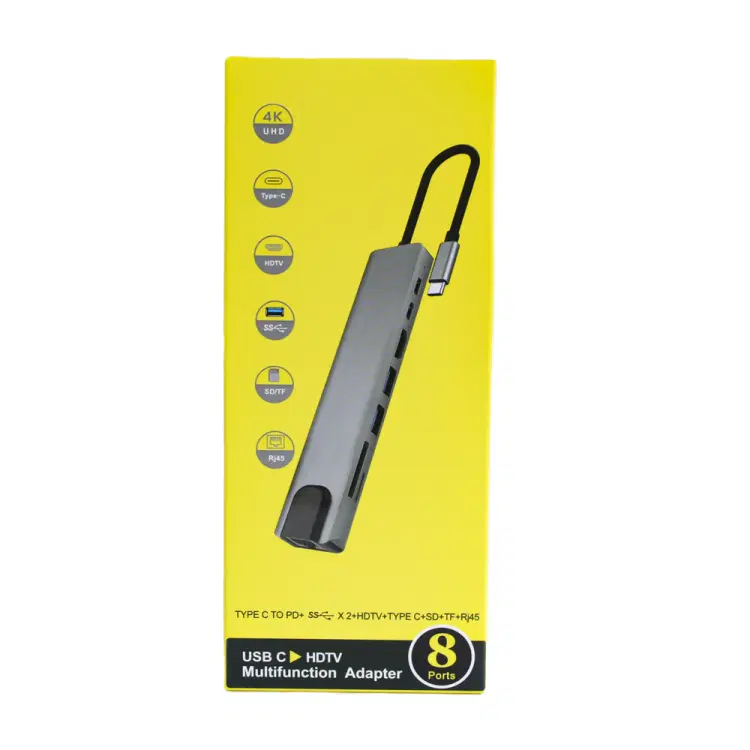 8 in 1 Type C Hub with USB, RJ45 Ethernet, Type C, SD Card, TF Card and HDMI Output