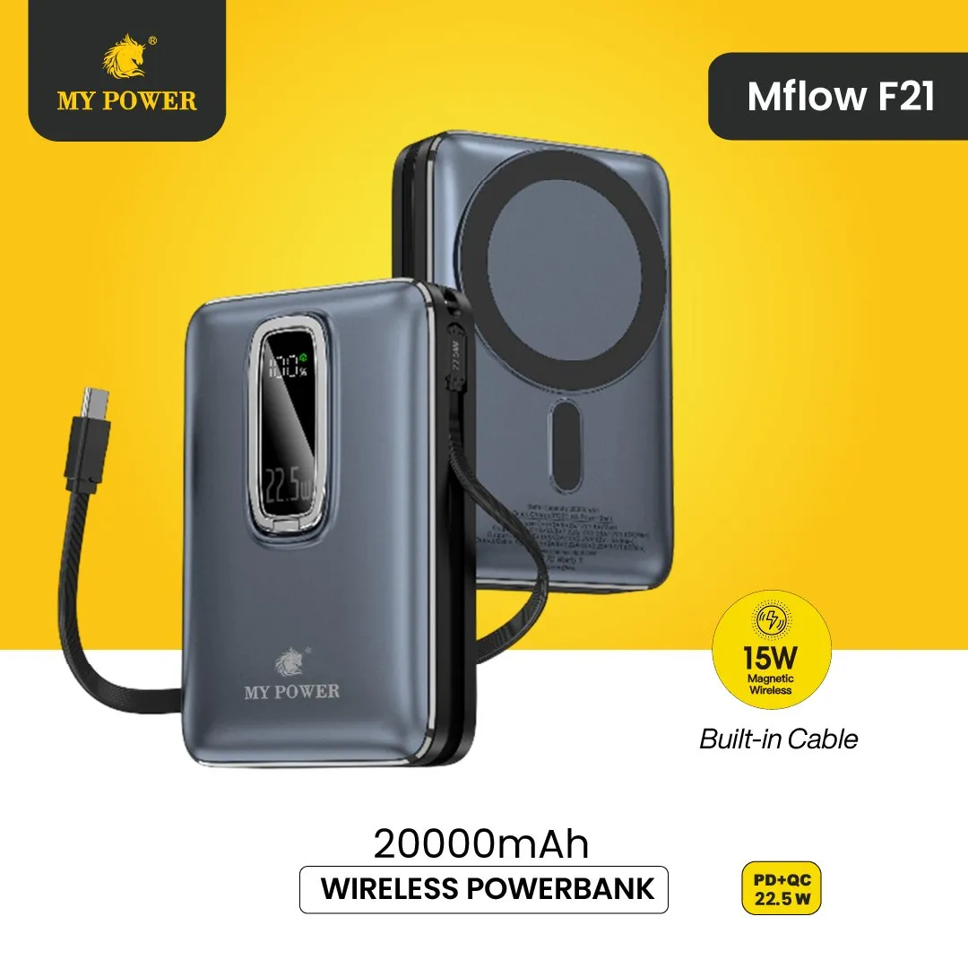 Mypower Mflow F21 Wireless Powerbank 20000mah with built in Cable